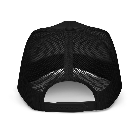 Adjustable plastic snapback closure and breathable black mesh of the Wolves Cry WC Foam Trucker Hat for a classic fit.