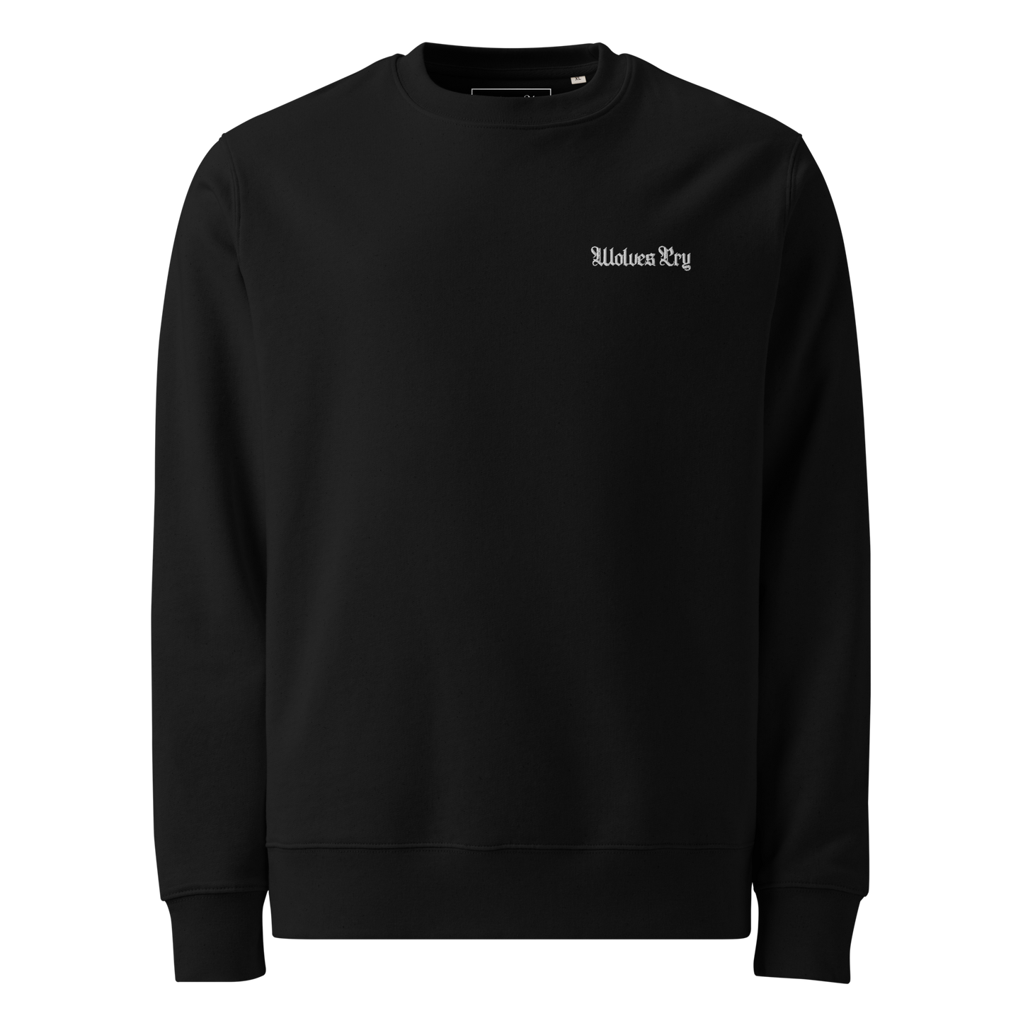 Wolves Cry Originals Embroidered Crew in black, made from 100% organic ring-spun cotton. Features a minimalist embroidered logo on the chest, combining timeless style with modern sustainability. Perfect for streetwear enthusiasts seeking comfort and ethical fashion.