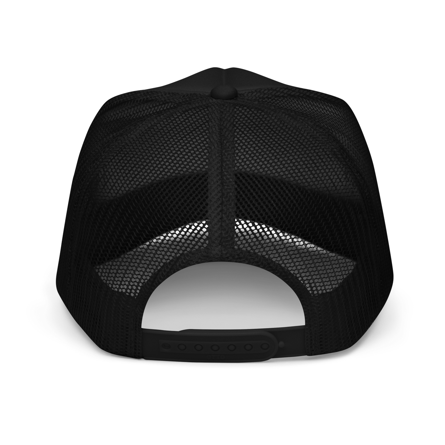 Back view of the Wolves Cry Originals OG Foam Trucker Hat in black, showcasing the adjustable snap for a custom fit. Mesh back provides breathability, perfect for a timeless, retro-inspired look.