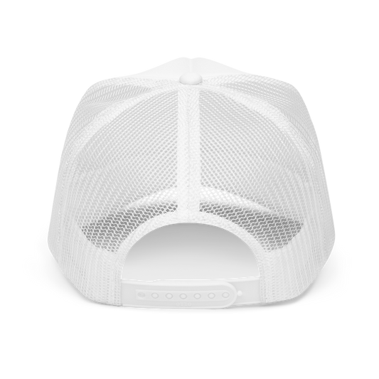 Back view of the Wolves Cry Originals OG Foam Trucker Hat in white, showcasing the adjustable snap for a comfortable fit. Mesh backing provides enhanced breathability, ideal for a stylish and functional accessory.