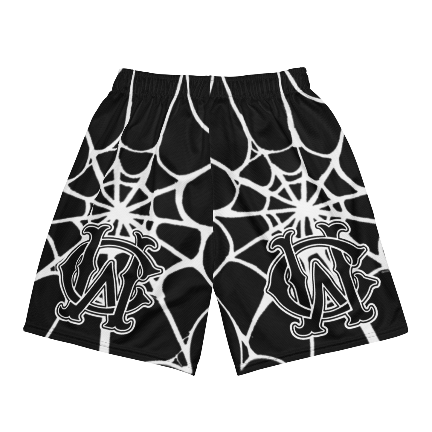 Back view of the Wolves Cry Originals OG Mesh Shorts in black, showcasing the intricate spider web pattern. Designed for high-performance and sustainability with moisture-wicking recycled fabric.