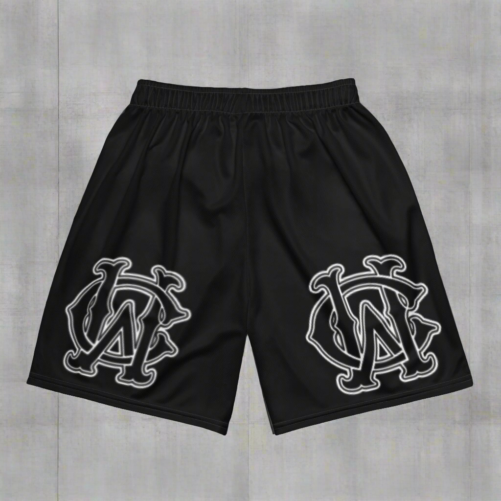 Back view of Wolves Cry Originals OG Mesh Shorts Black & White Classic Edition, showcasing bold monogram branding in a timeless black-and-white design.