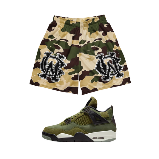 Back view of Wolves Cry Originals OG Mesh Shorts Cream Camo “Desert Hunter” Edition, featuring signature Wolves Cry monogram branding.