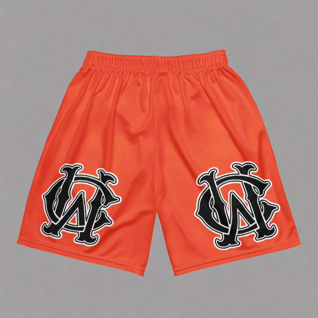 Back view of Wolves Cry Originals OG Mesh Shorts “Iron Man Edition,” featuring signature monogram logos and bold, athletic style.
