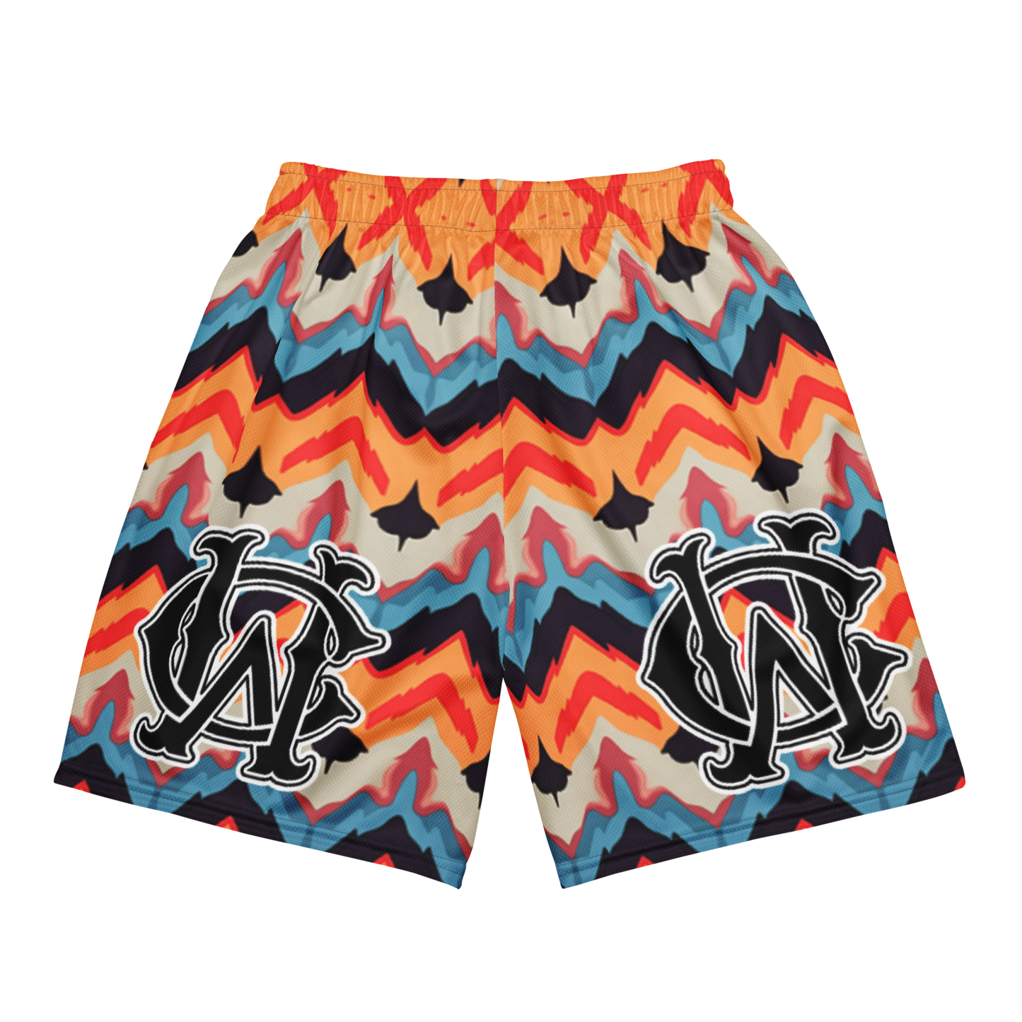 Back view of Wolves Cry Originals OG Mesh Shorts “Psychedelic Navajo Edition,” showcasing colorful psychedelic design with Wolves Cry branding on both legs.