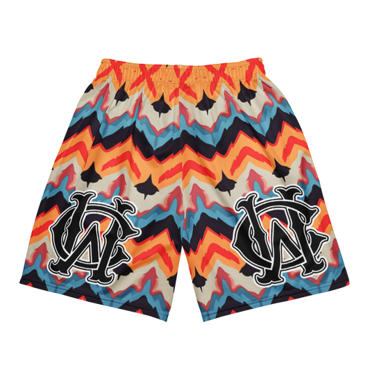 Back view of Wolves Cry Originals OG Mesh Shorts “Psychedelic Navajo Edition,” showcasing colorful psychedelic design with Wolves Cry branding on both legs.