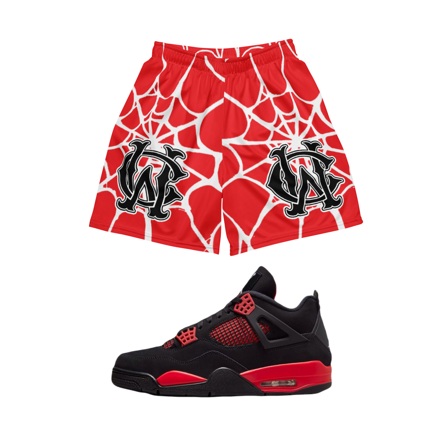 Close-up of Wolves Cry Originals OG Mesh Shorts “Red Spider Web Edition,” showcasing intricate white web design and signature monogram embroidery.