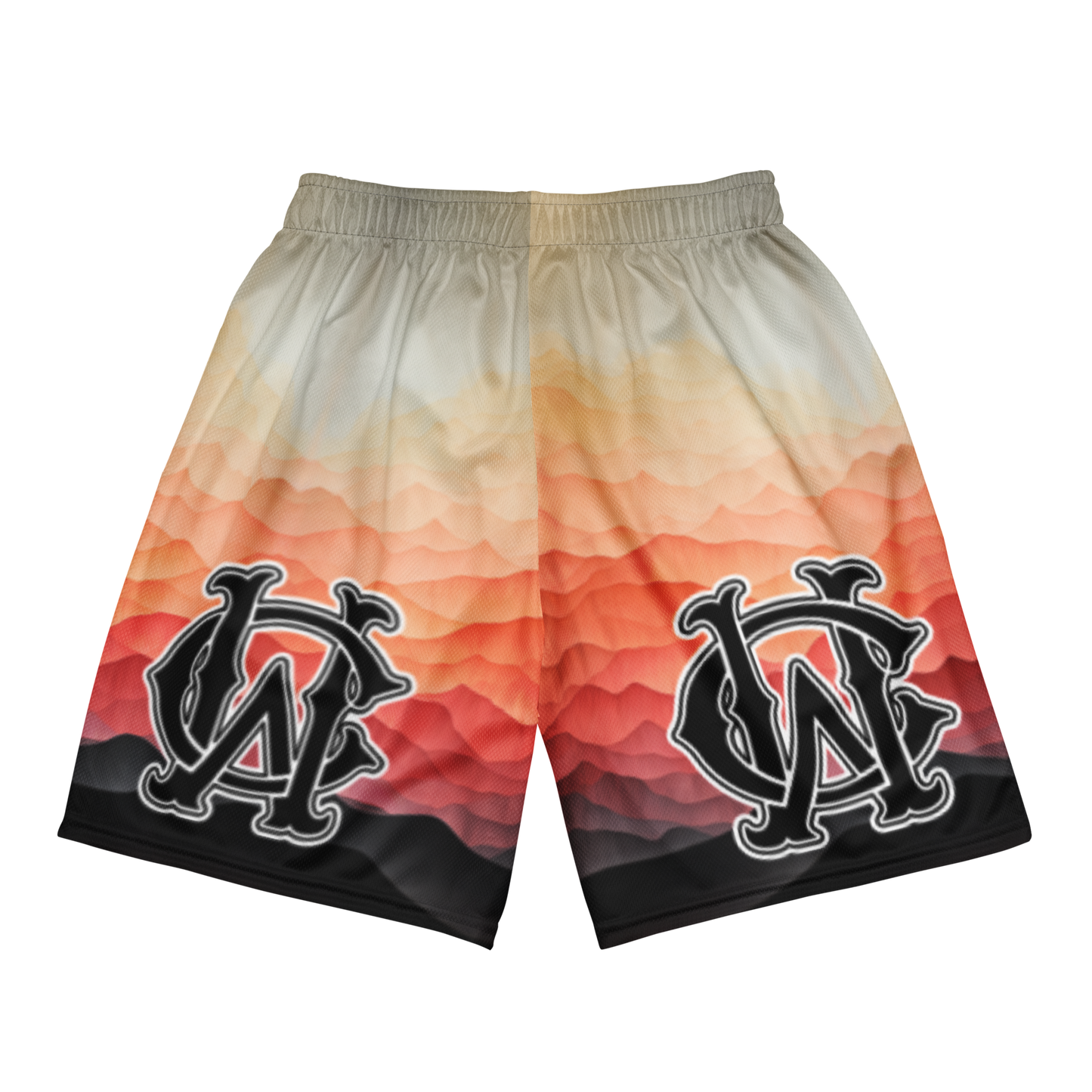 Back view of Wolves Cry Originals OG Mesh Shorts “Sedona Sunsets Edition,” showcasing vibrant desert-inspired colors with Wolves Cry branding on both legs.