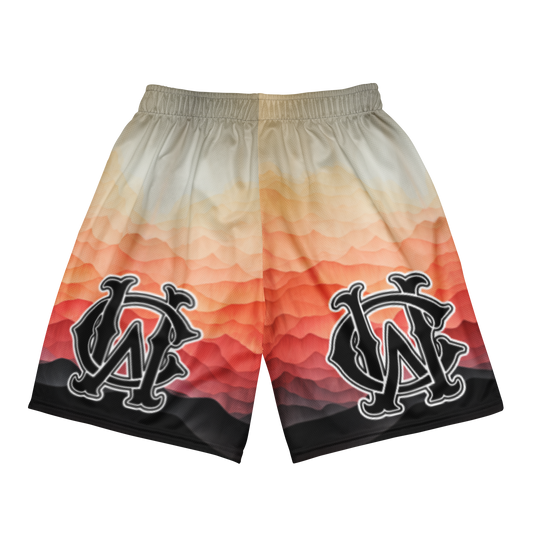 Back view of Wolves Cry Originals OG Mesh Shorts “Sedona Sunsets Edition,” showcasing vibrant desert-inspired colors with Wolves Cry branding on both legs.
