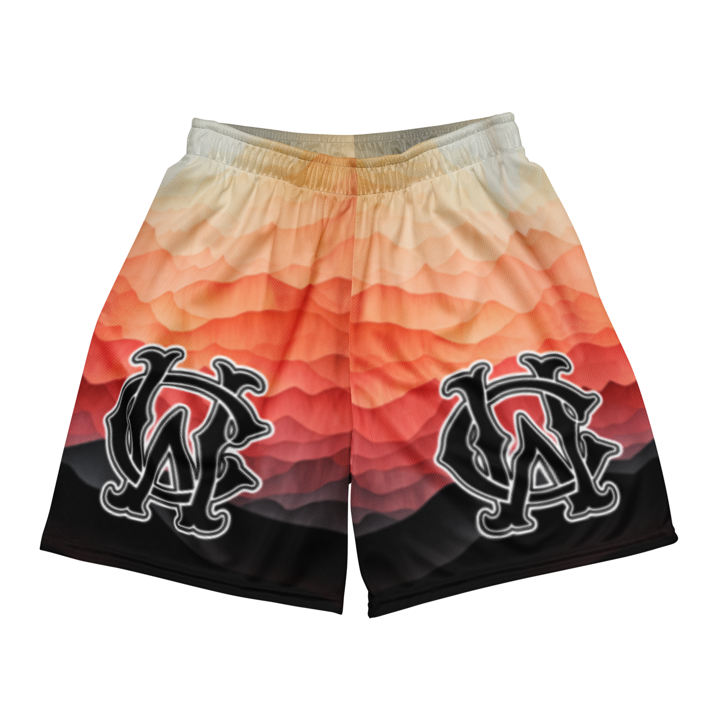 Front view of Wolves Cry Originals OG Mesh Shorts “Sedona Sunsets Edition,” featuring an ombré gradient design fading from sand to blazing sunset tones with Wolves Cry monogram logos.