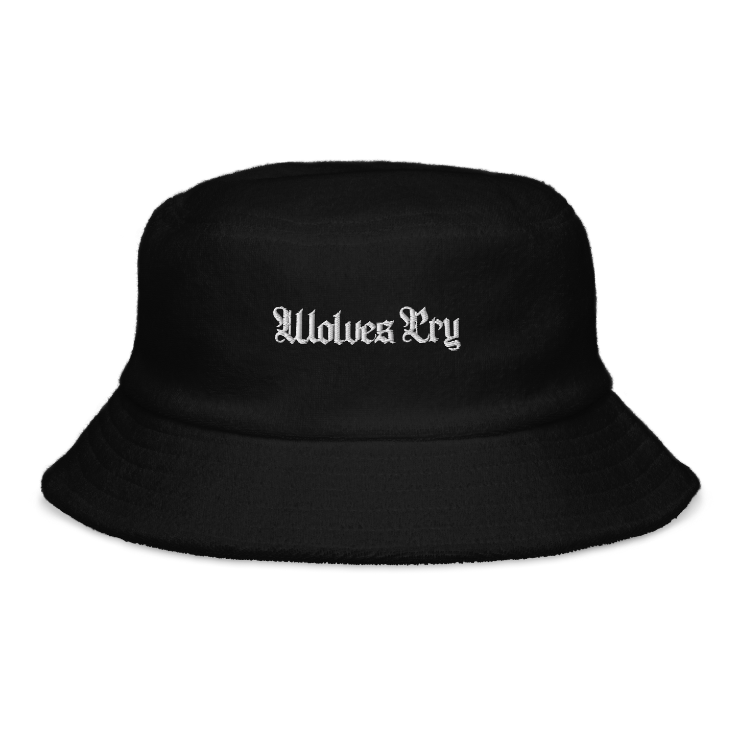 Wolves Cry Spell Out Bucket Hat in black terry cloth featuring embroidered branding, a classic brim, and decorative stitching for a modern streetwear look.