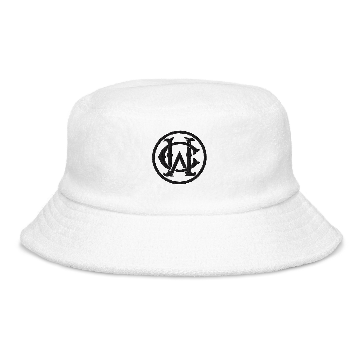 White Terry Cloth Bucket Hat featuring Wolves Cry monogram logo embroidery, designed for casual comfort with a timeless style.