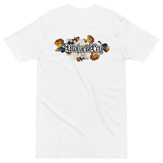 White t-shirt with floral design and 'Wolves cry' text on a white background