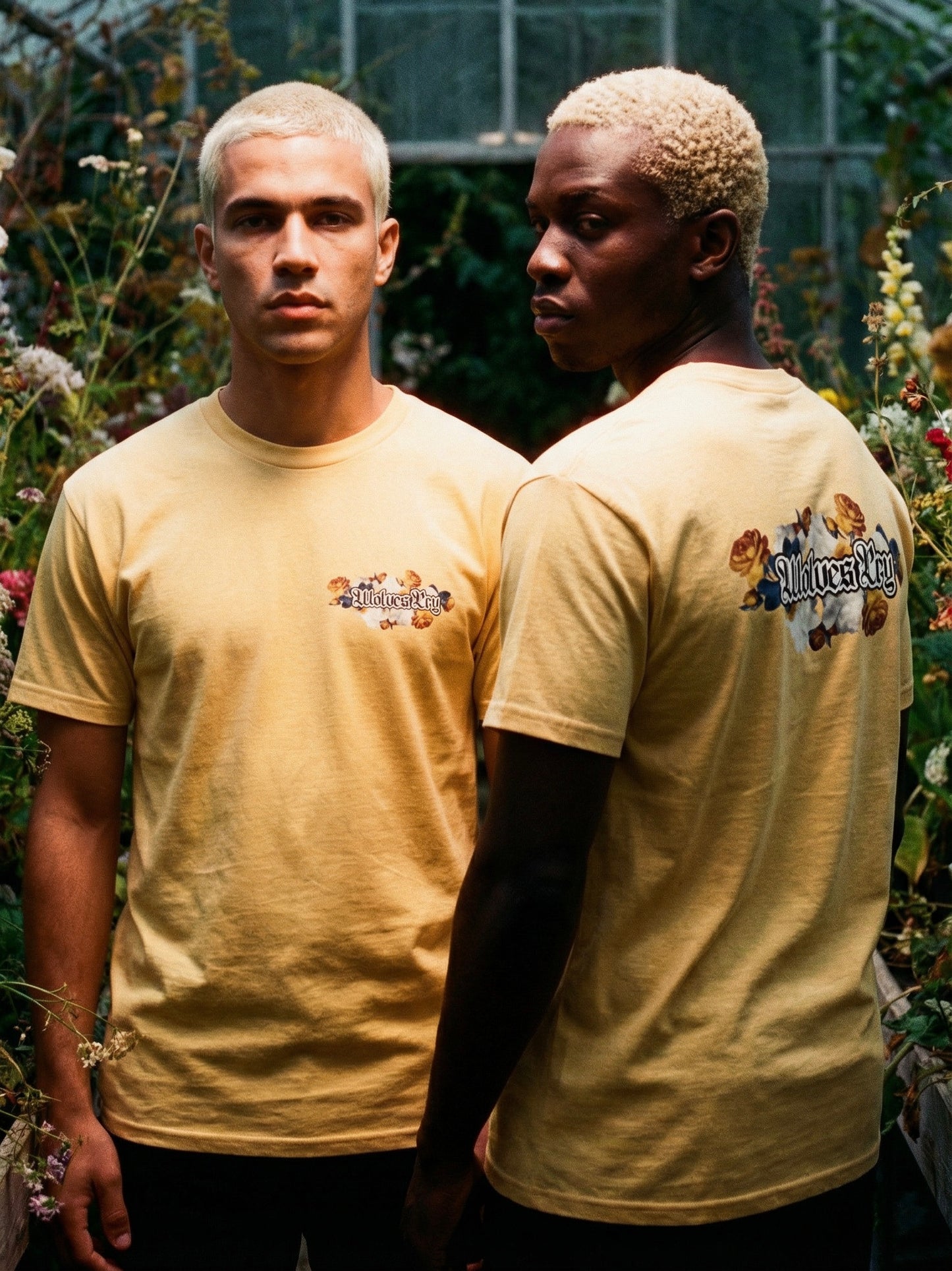 Two models wearing Wolves Cry Bousquet tee yellow heavyweight cotton t-shirts