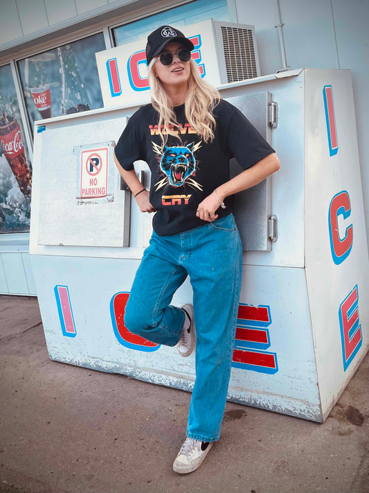 Wolves Cry Thundercat Electro Tee styled in a streetwear look, featuring oversized black graphic tee with punk rock energy and bold vintage print