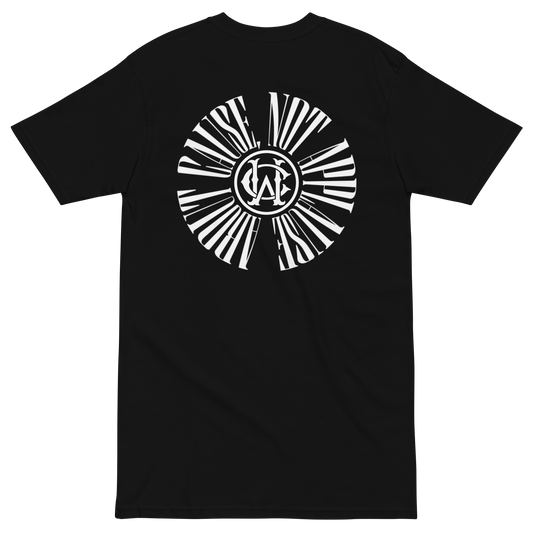 Back of black streetwear tee with bold circular “About Cause Not Applause” print in white