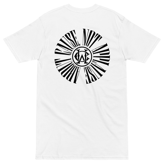 White Wolves Cry tee with full circular text graphic – back product display