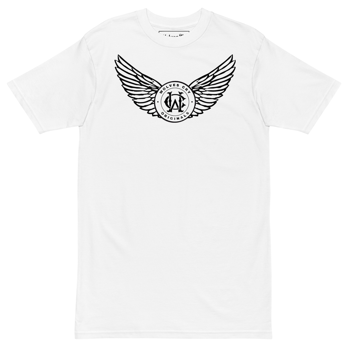 White WC Flight Academy Tee with winged monogram logo – front lay flat view, heavyweight streetwear staple.