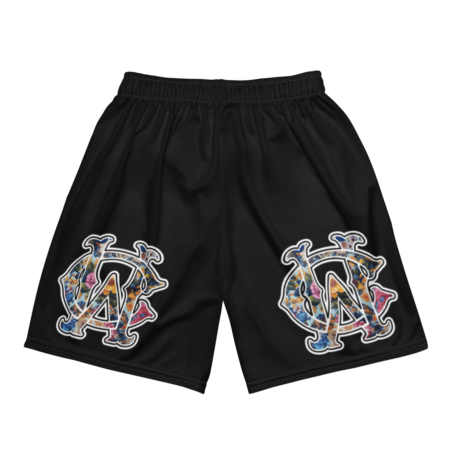 Back of black WC Shadow Floral Mesh Shorts with oversized floral WC graphic