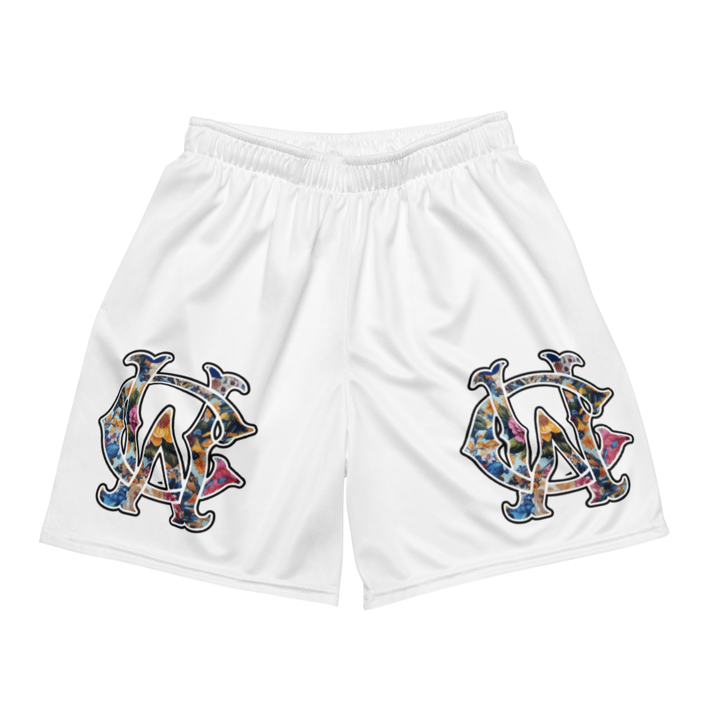 White WC Shadow Floral Mesh Shorts with gothic logo on front and athletic fit