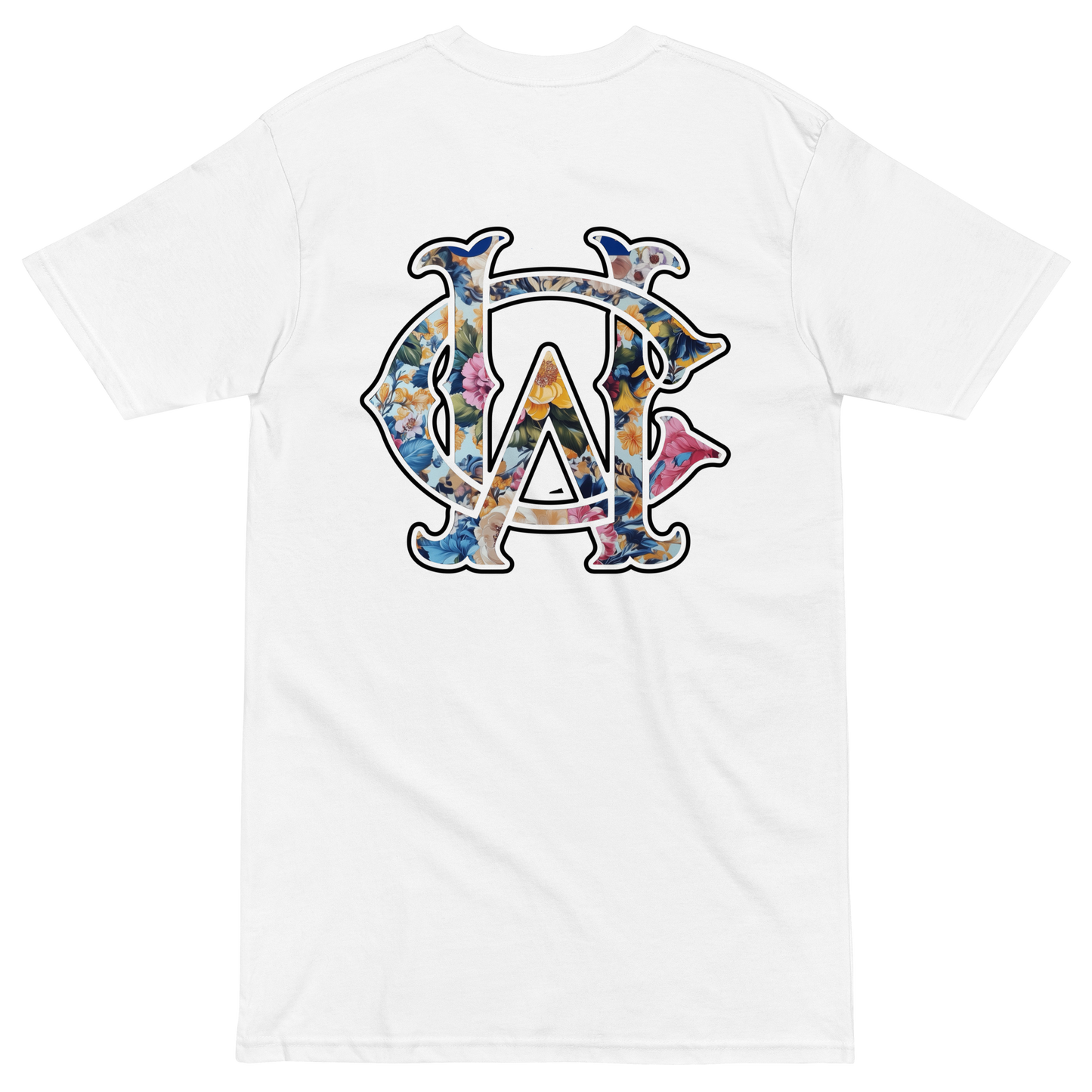Wolves Cry Shadow Floral Tee white mockup — back features vibrant floral WC monogram
