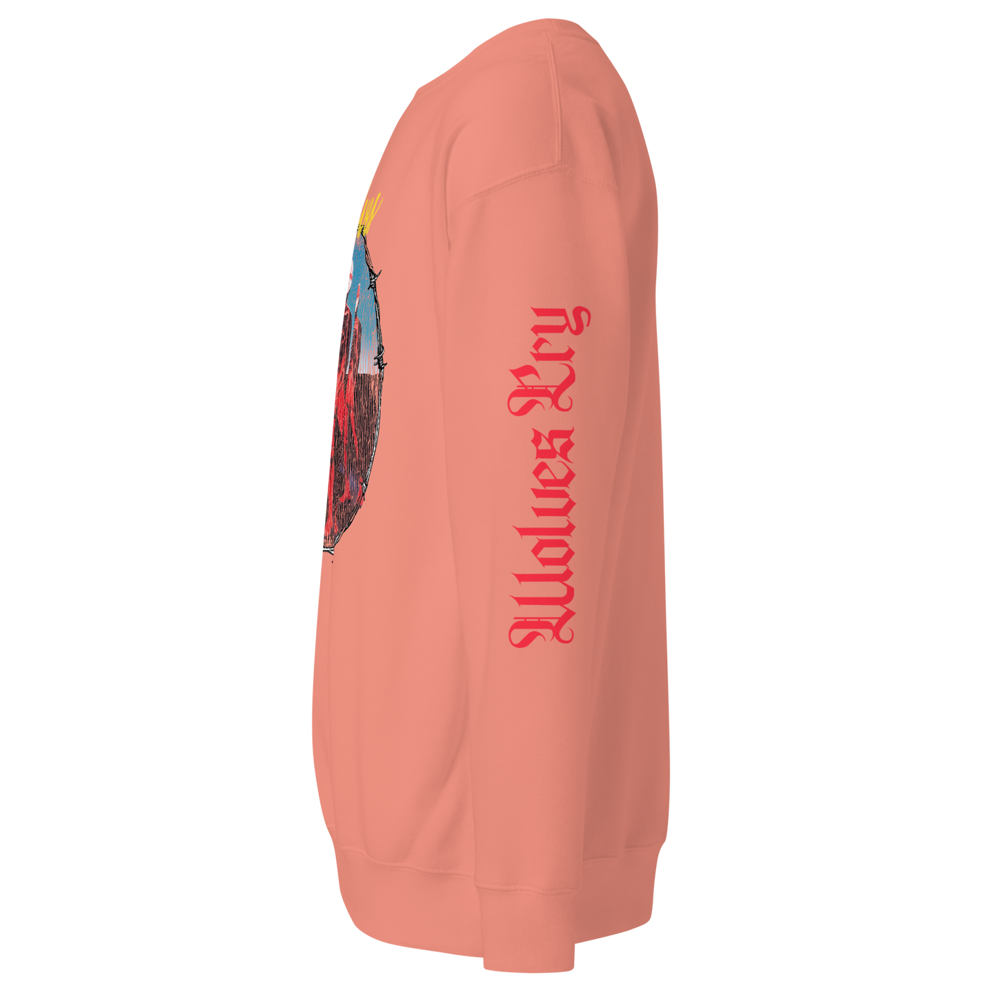 Close-up of Wolves Cry sleeve print on coral Descendants crewneck — premium contrasting ink detail.