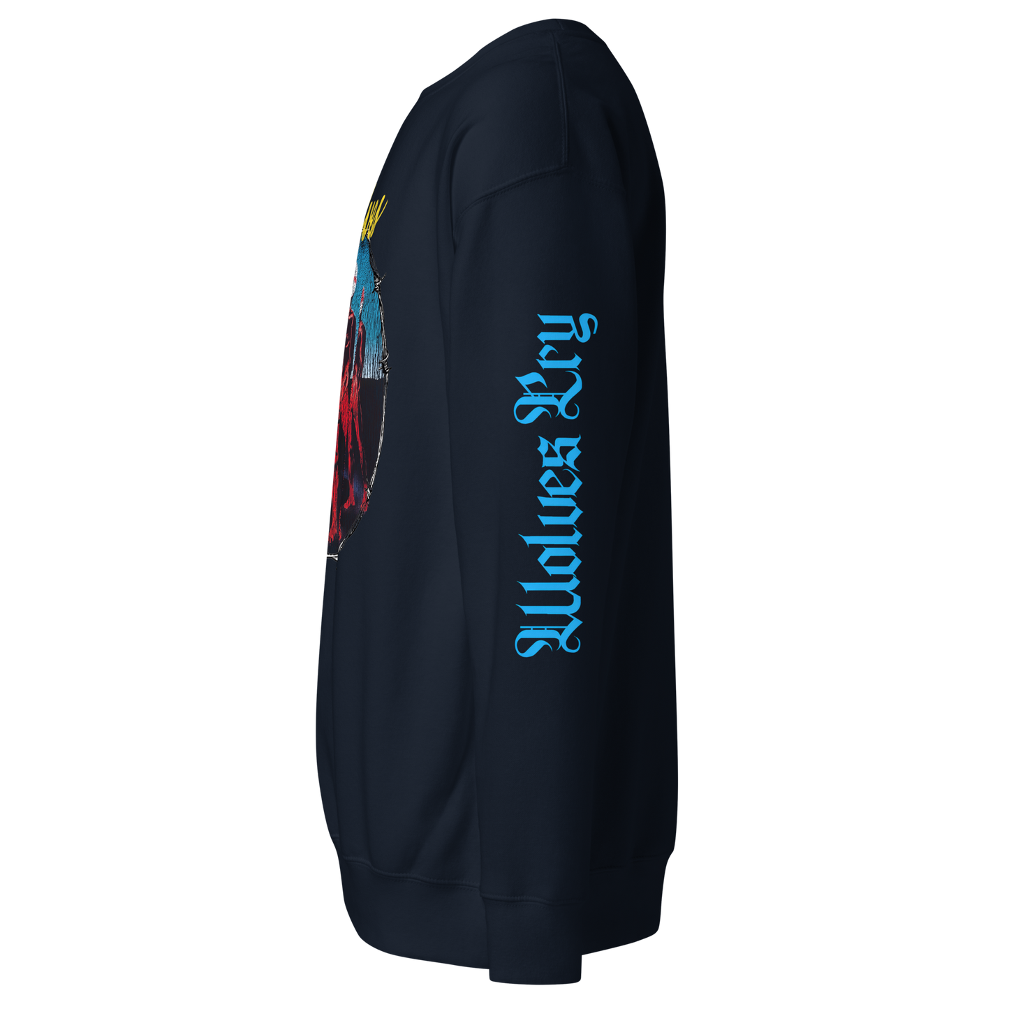 Close-up of baby blue Wolves Cry sleeve print on navy Descendants crewneck — premium contrast ink detail.