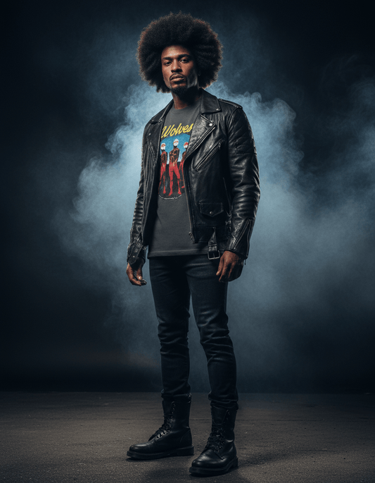 Wolves Cry Descendants vintage black oversized tee photographed in studio with moody lighting — modern grunge streetwear aesthetic.