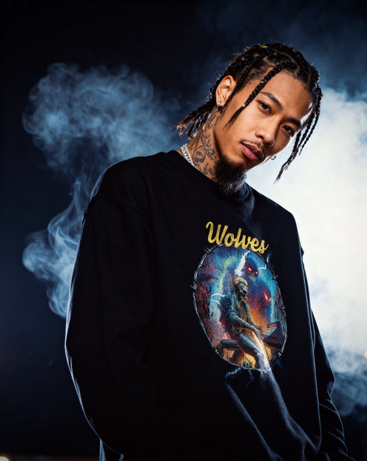 Model wearing the black Electric Symphony crew with cinematic smoke backdrop — bold band-era graphic, modern streetwear aesthetic.