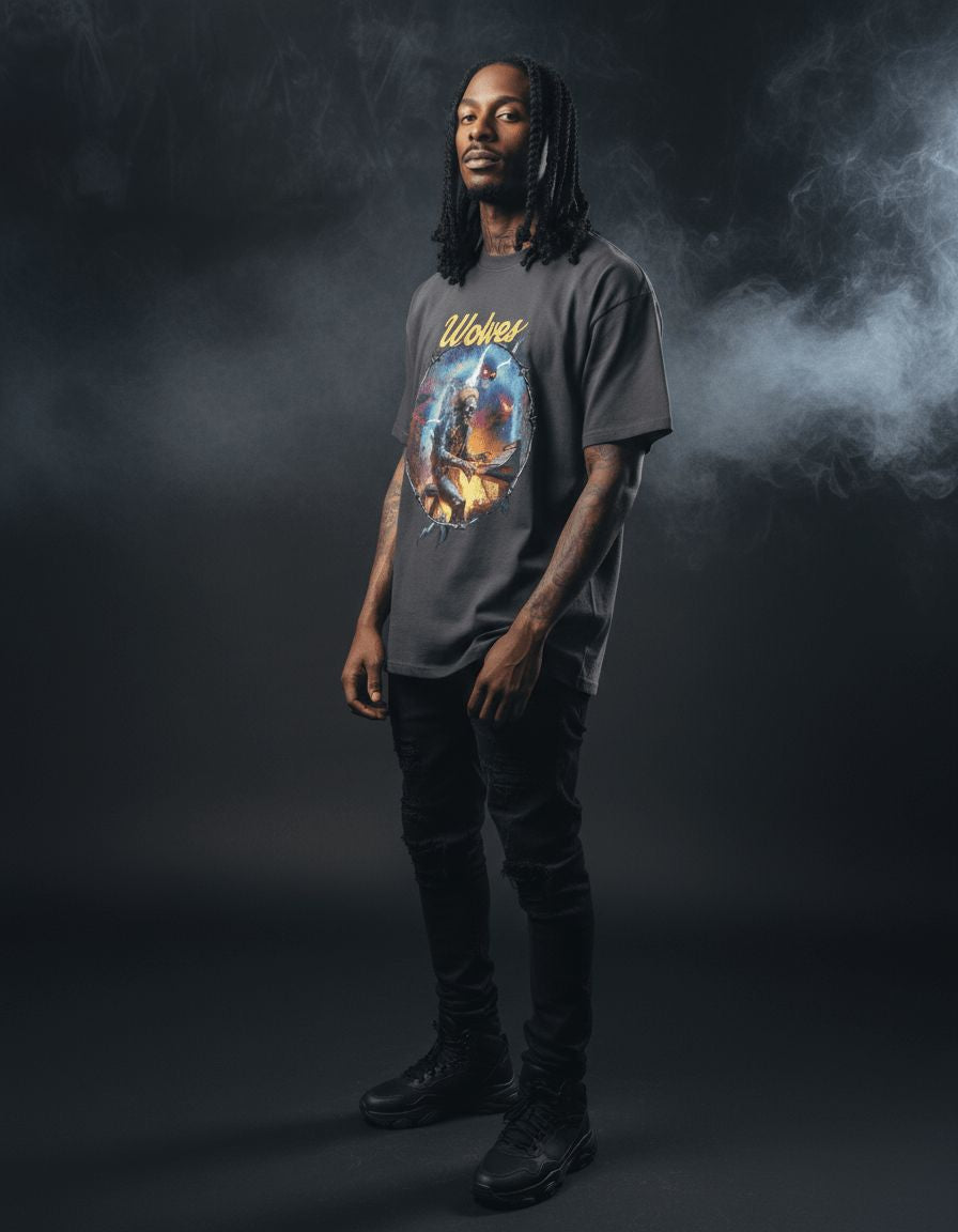 Model wearing the Wolves Cry Electric Symphony oversized tee in black, shot with cinematic moody lighting and relaxed streetwear fit.