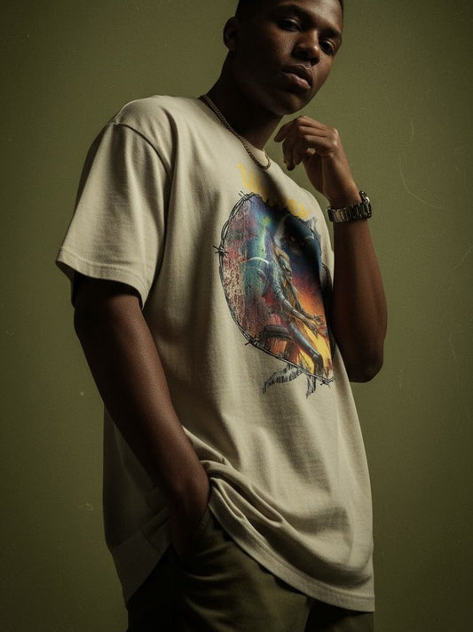 Model wearing the Wolves Cry Electric Symphony oversized tee in sage — art-forward streetwear style with warm tonal lighting and relaxed fit silhouette.