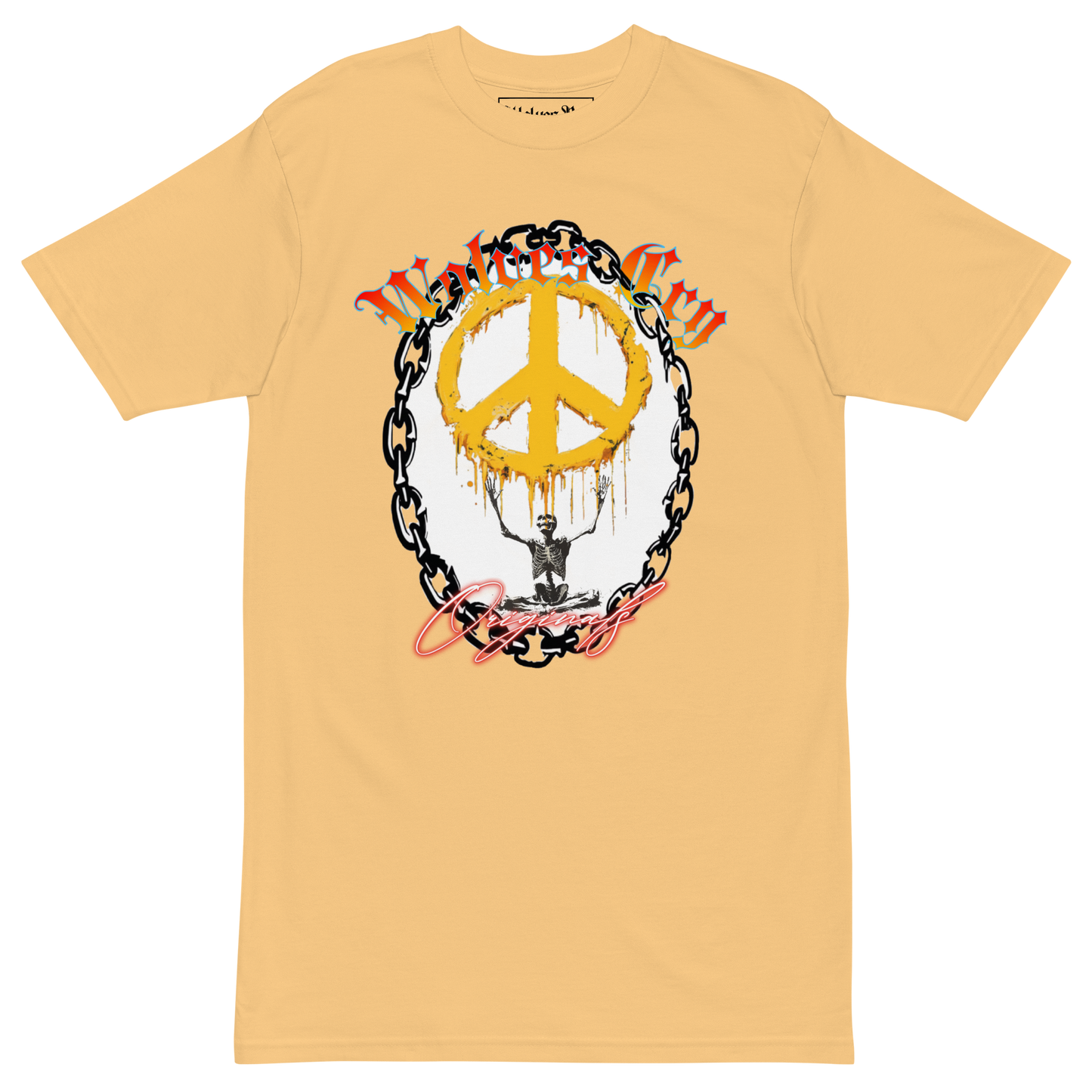 Front mock-up of Wolves Cry Endless Peace Tee in faded gold — featuring the signature hand-drawn peace-skull artwork framed in roses, a balance of rebellion and calm that defines the Wolves Cry ethos.