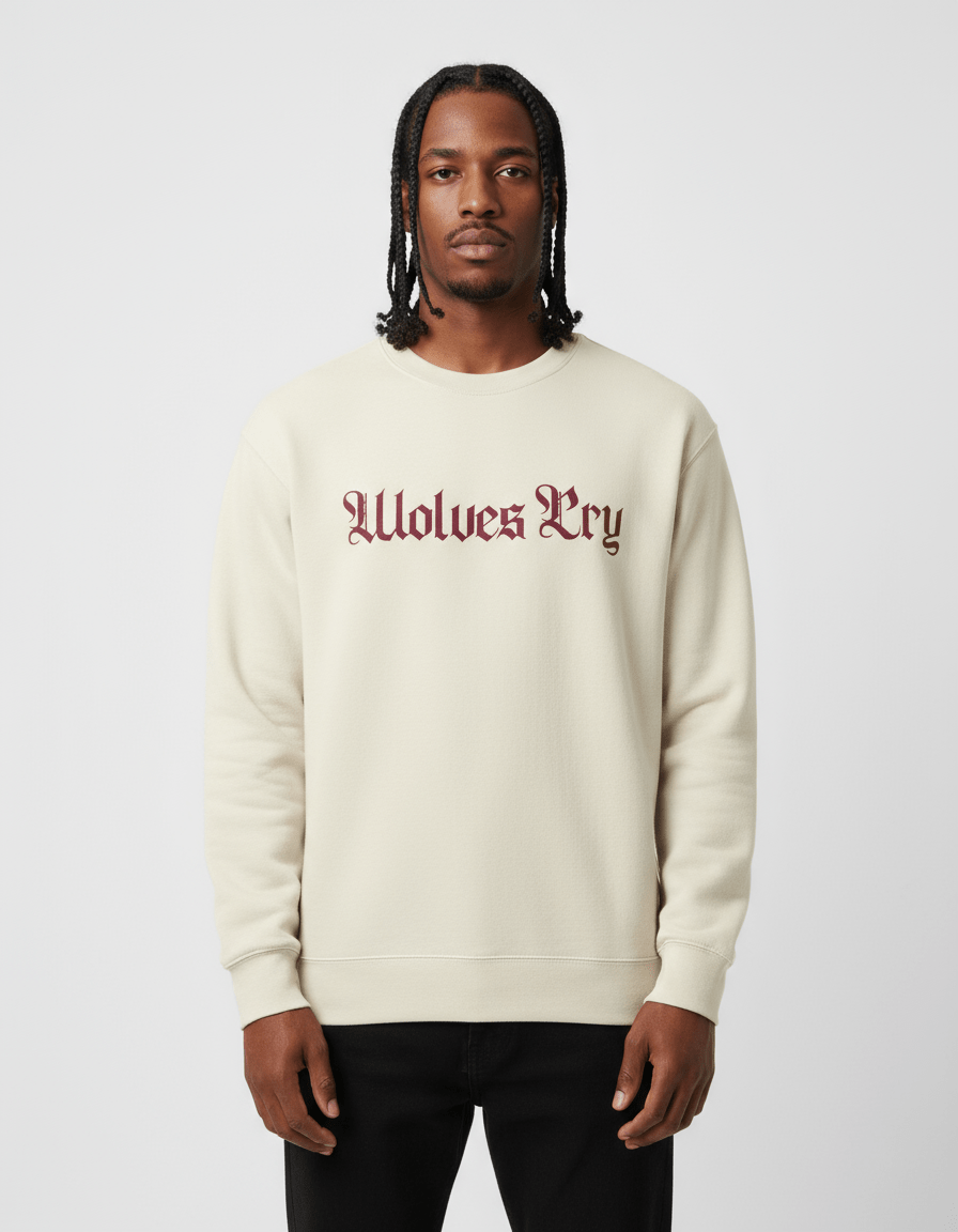 Model wearing Wolves Cry Everyday Crew in oatmeal and merlot — clean, minimal, and regal with a modern athletic undertone.