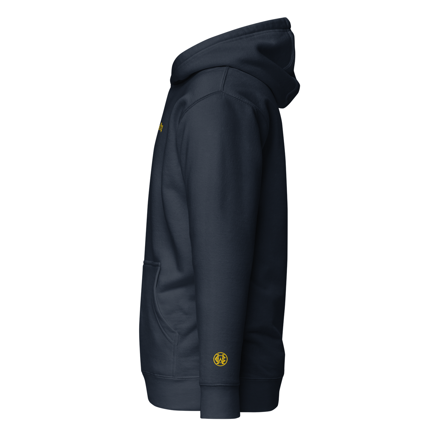 Side view of navy Wolves Cry Hoodie with yellow wrist monogram — balanced heritage energy.