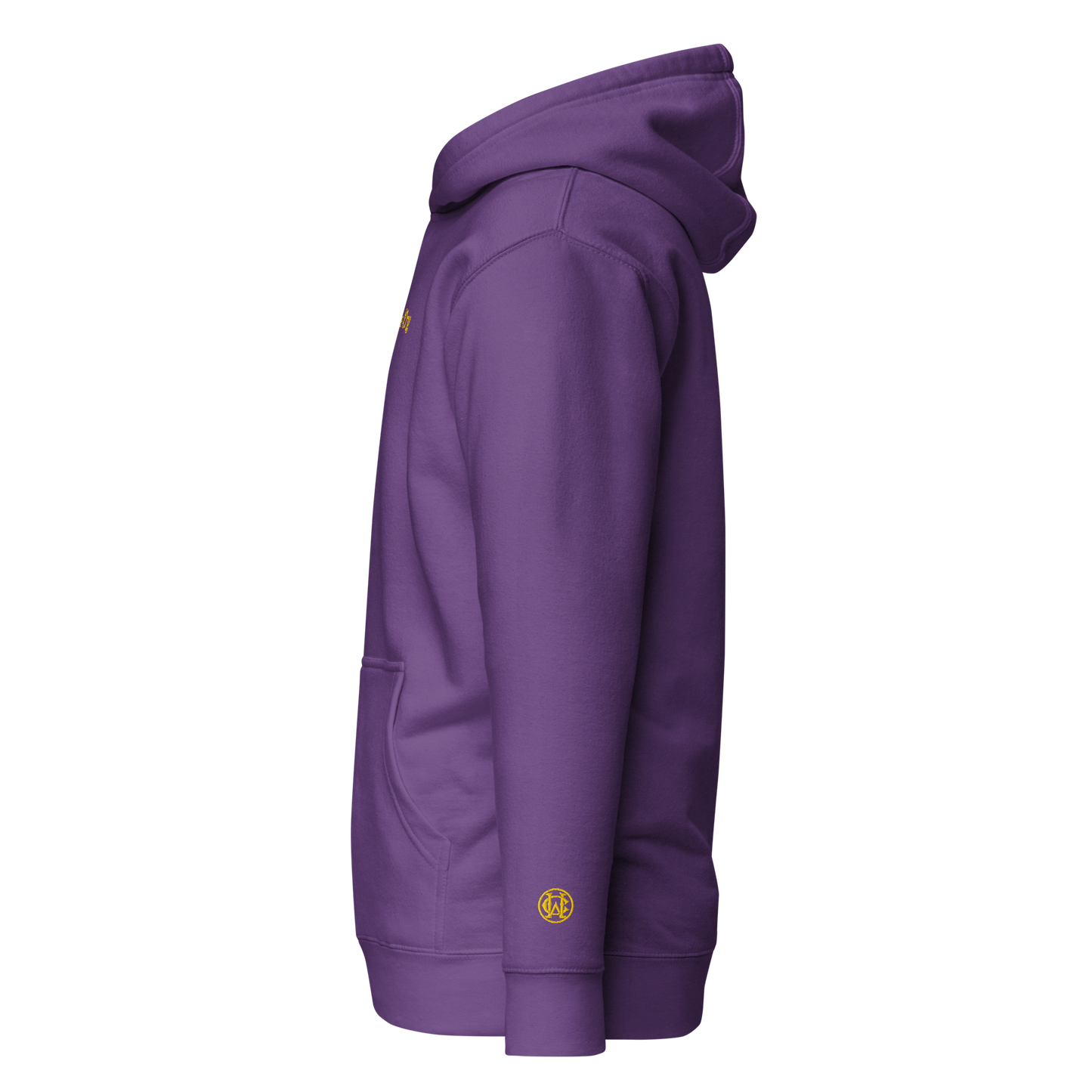Side view of purple Wolves Cry Hoodie with gold wrist monogram — elevated street classic.