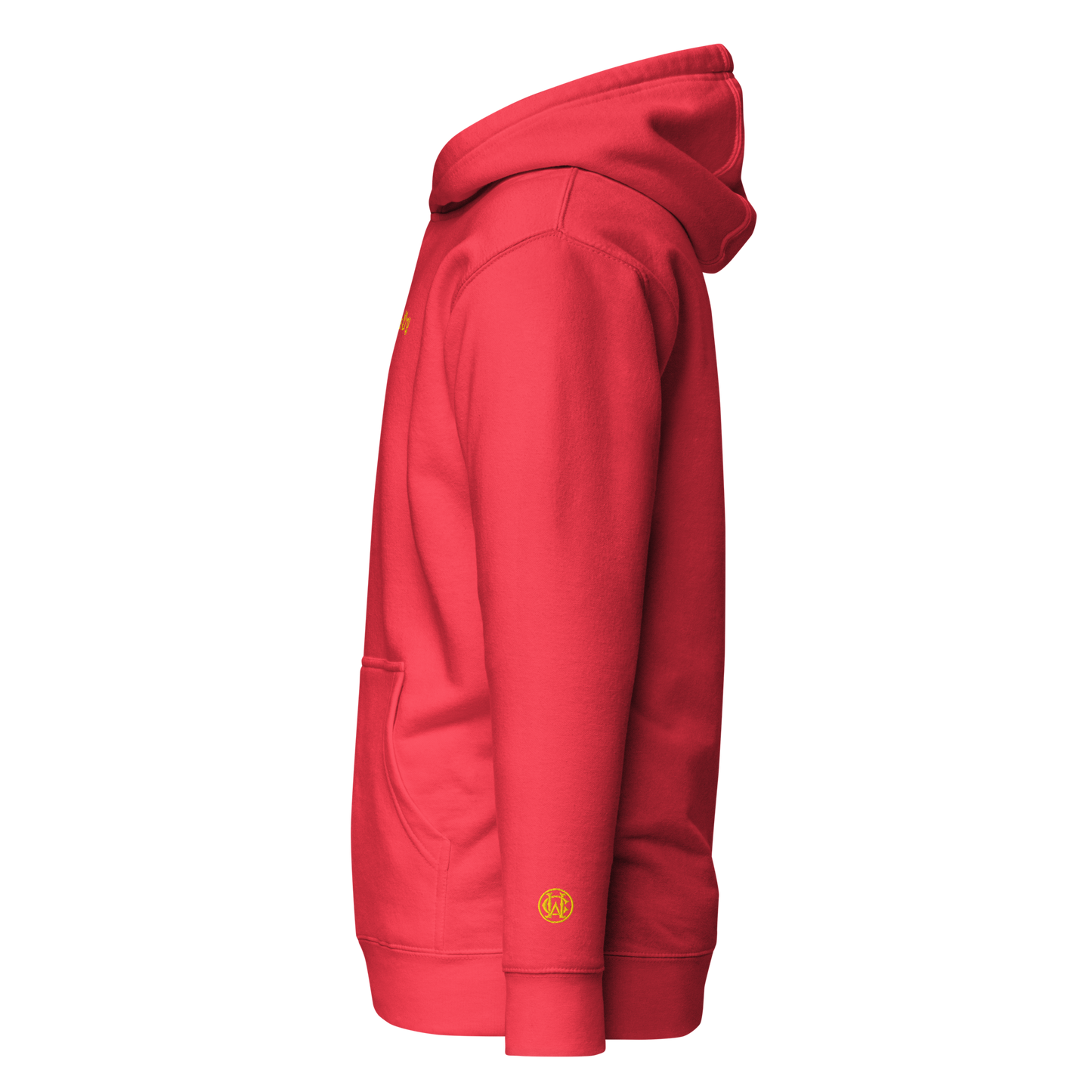 Side angle of red Wolves Cry Hoodie showing yellow monogram wrist embroidery for a sharp athletic finish.