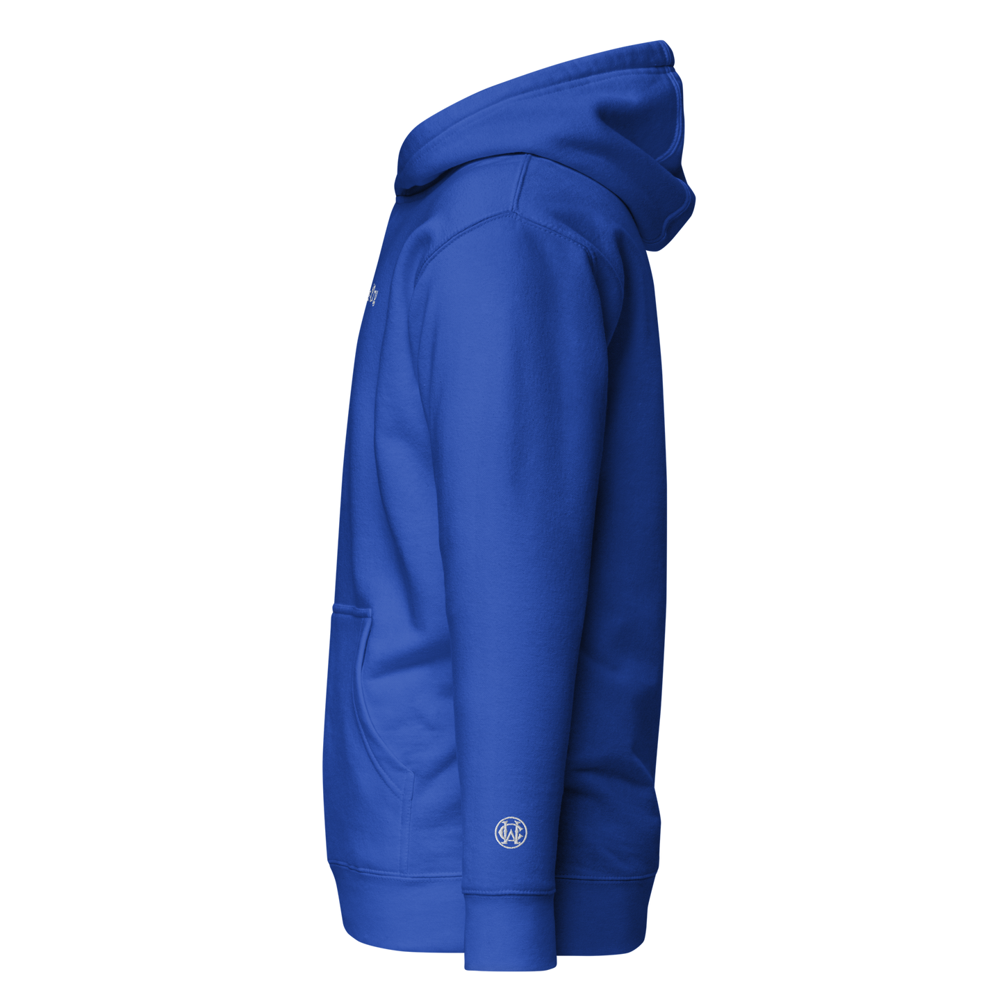 Side view of royal blue hoodie with white monogram wrist embroidery, clean and versatile.