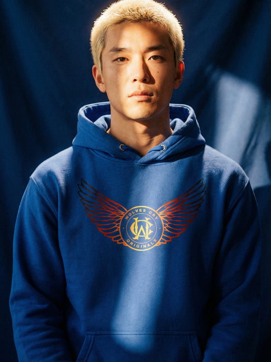 Person wearing a blue hoodie with a logo on a dark background