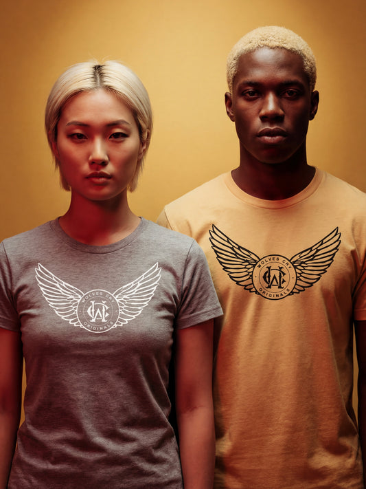 Two people wearing t-shirts with a logo on a beige background