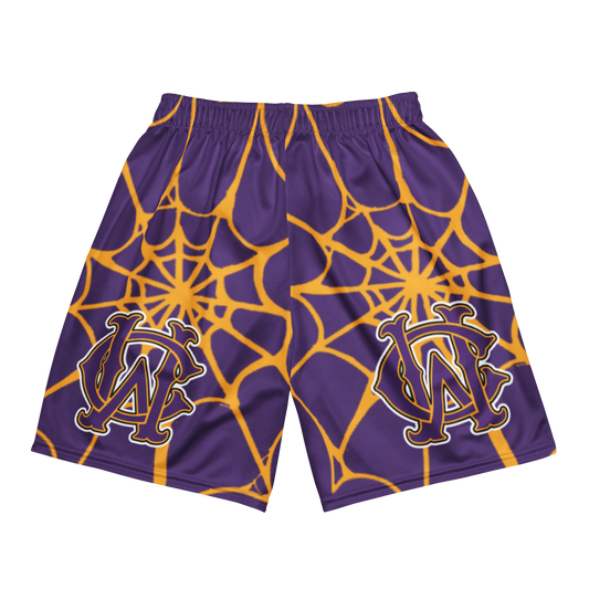 Back view of Wolves Cry OG Mesh Shorts in purple and gold spider web print — breathable mesh with relaxed athletic fit.