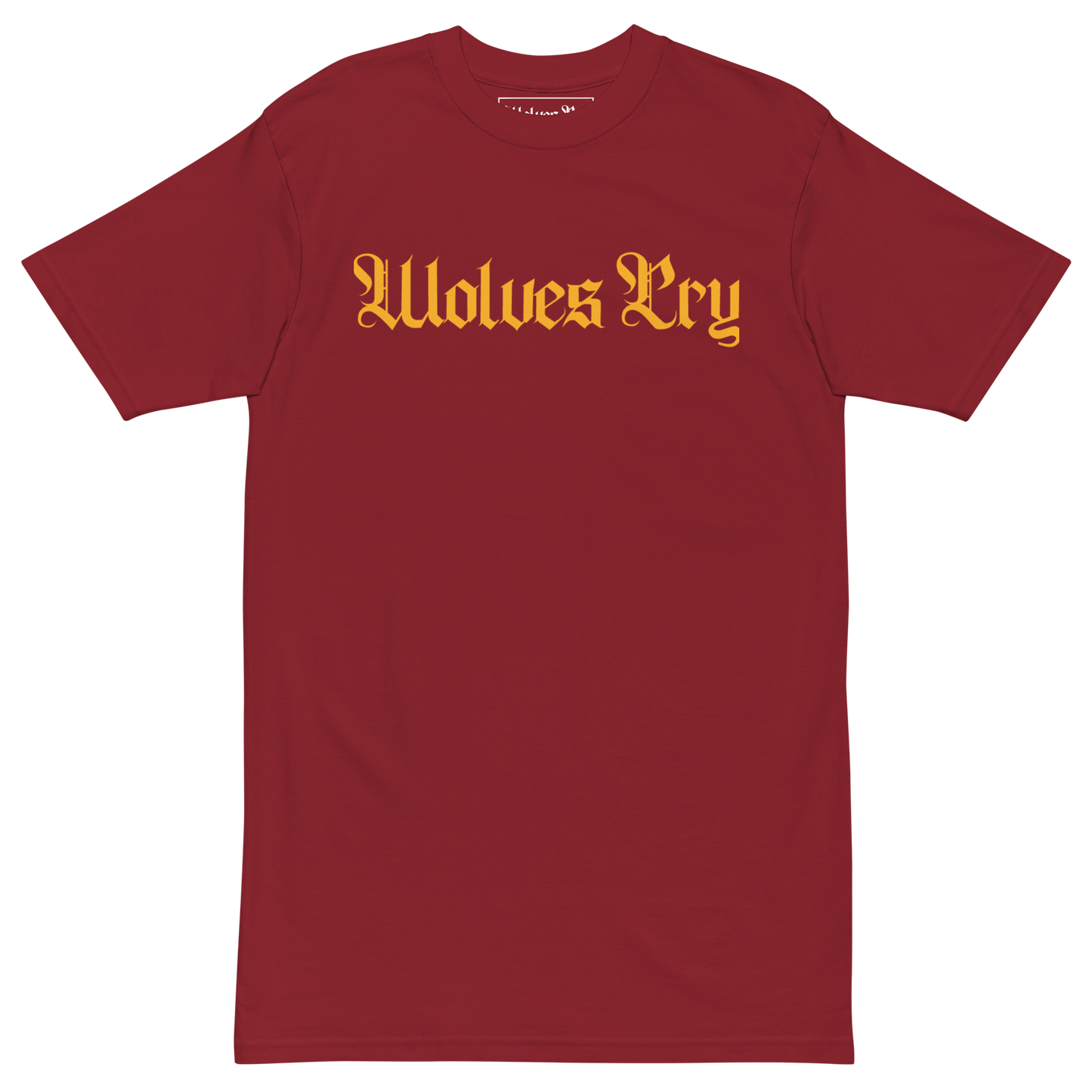 Wolves Cry Originals Seminoles Away Tee mockup in red with gold script logo, heavyweight cotton streetwear essential.