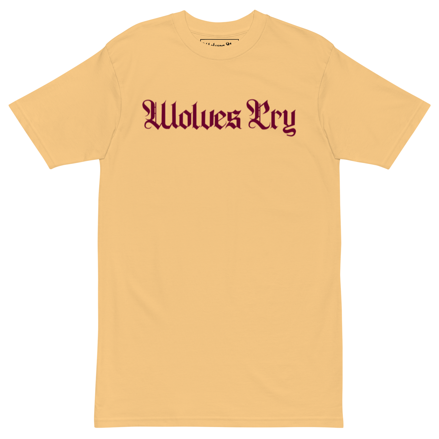 Wolves Cry Originals Seminoles Home Tee mockup in gold with maroon script logo, streetwear staple built from 100% cotton.