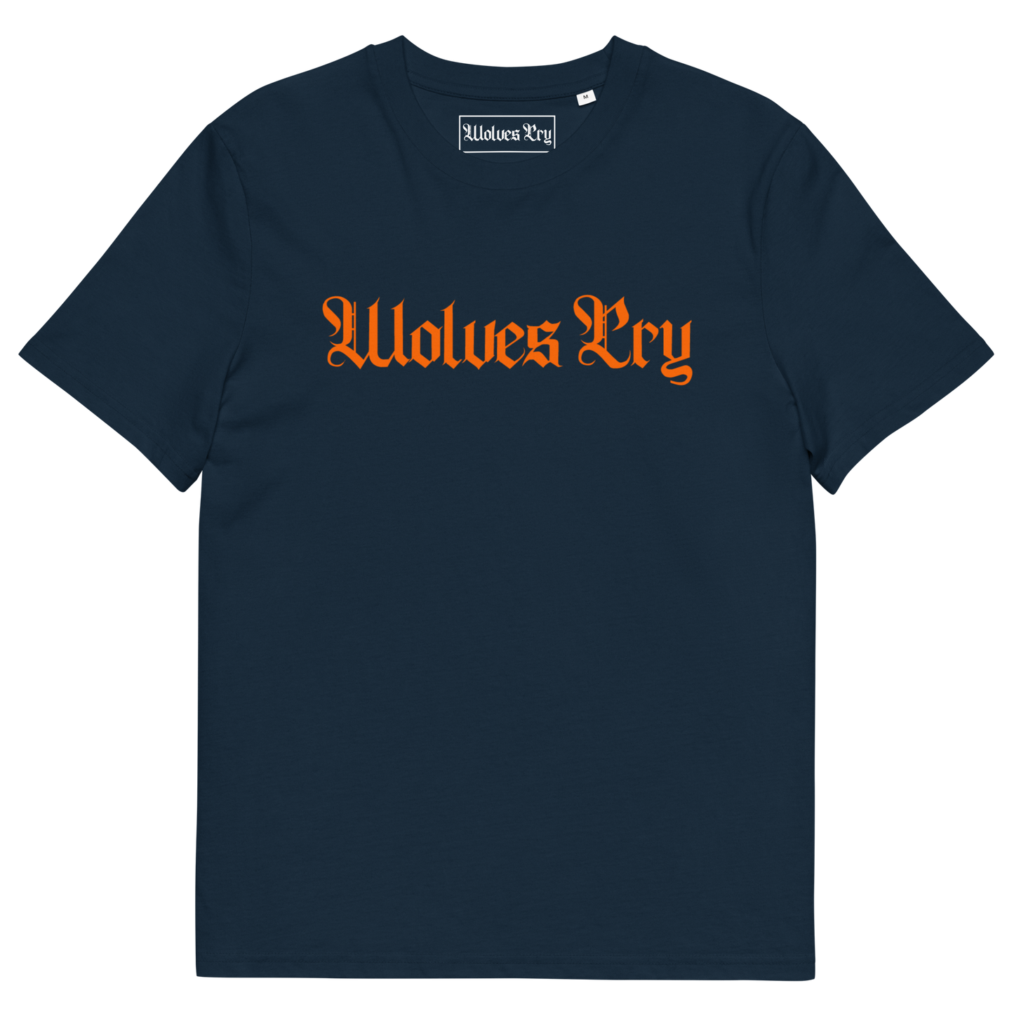 Wolves Cry Spell-Out Tee in navy with orange logo — deep athletic tone inspired by 90s team spirit and Wolves Cry authenticity.