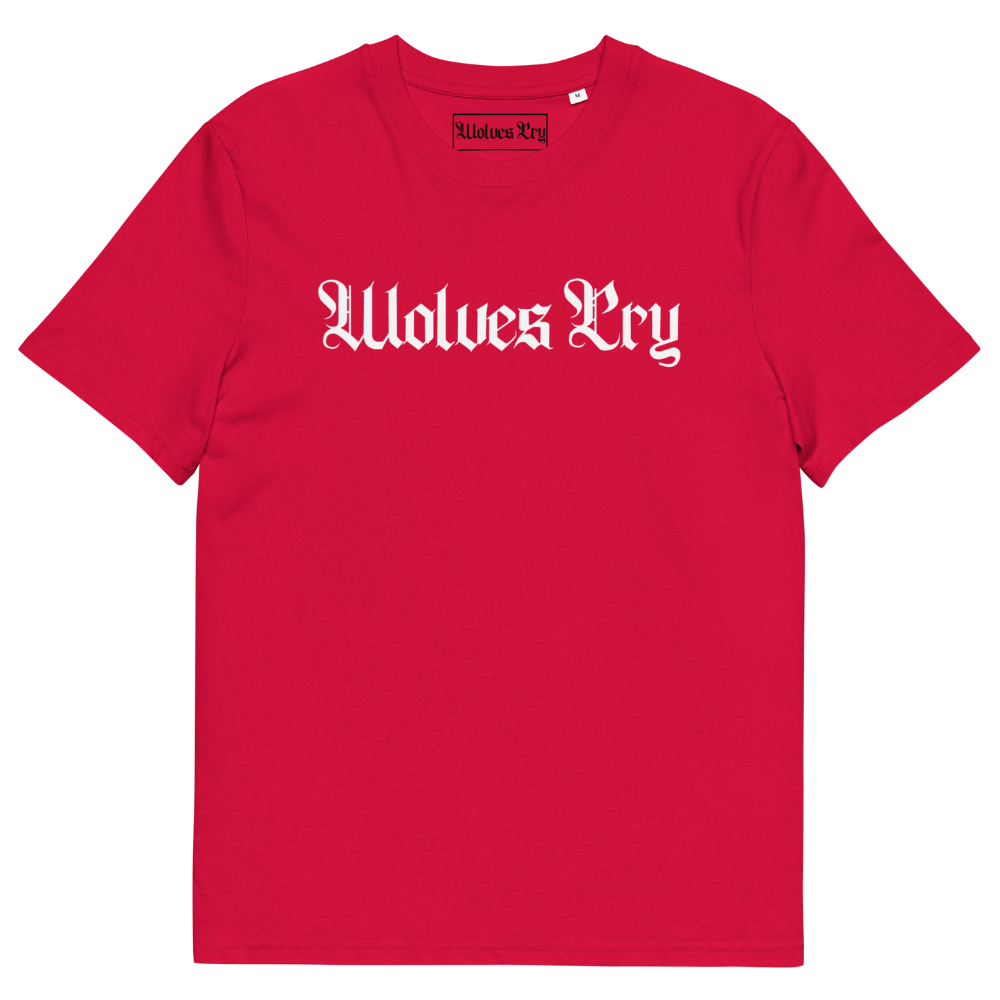 Wolves Cry Spell-Out Tee in red with white lettering — clean contrast that channels timeless athletic spirit and Wolves Cry authenticity.
