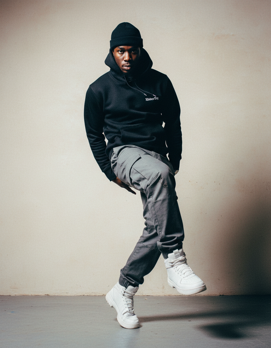 Model wearing a black wolves cry originals hoodie against a neutral wall- representing strength, confidence, and everyday armour 