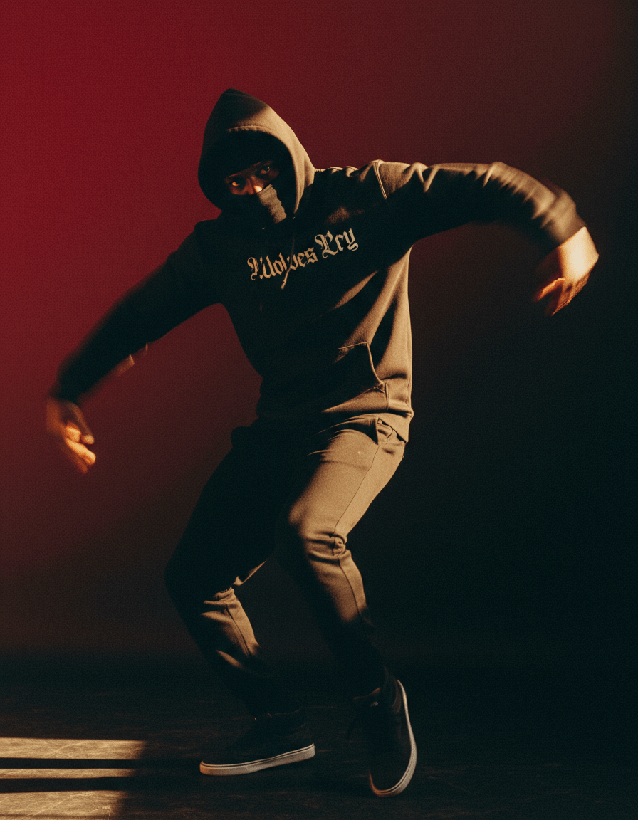 Dancer in a black wolves cr originals hoodie performing under red and blue stage lighting- representing motion, power, and streetwear performance 