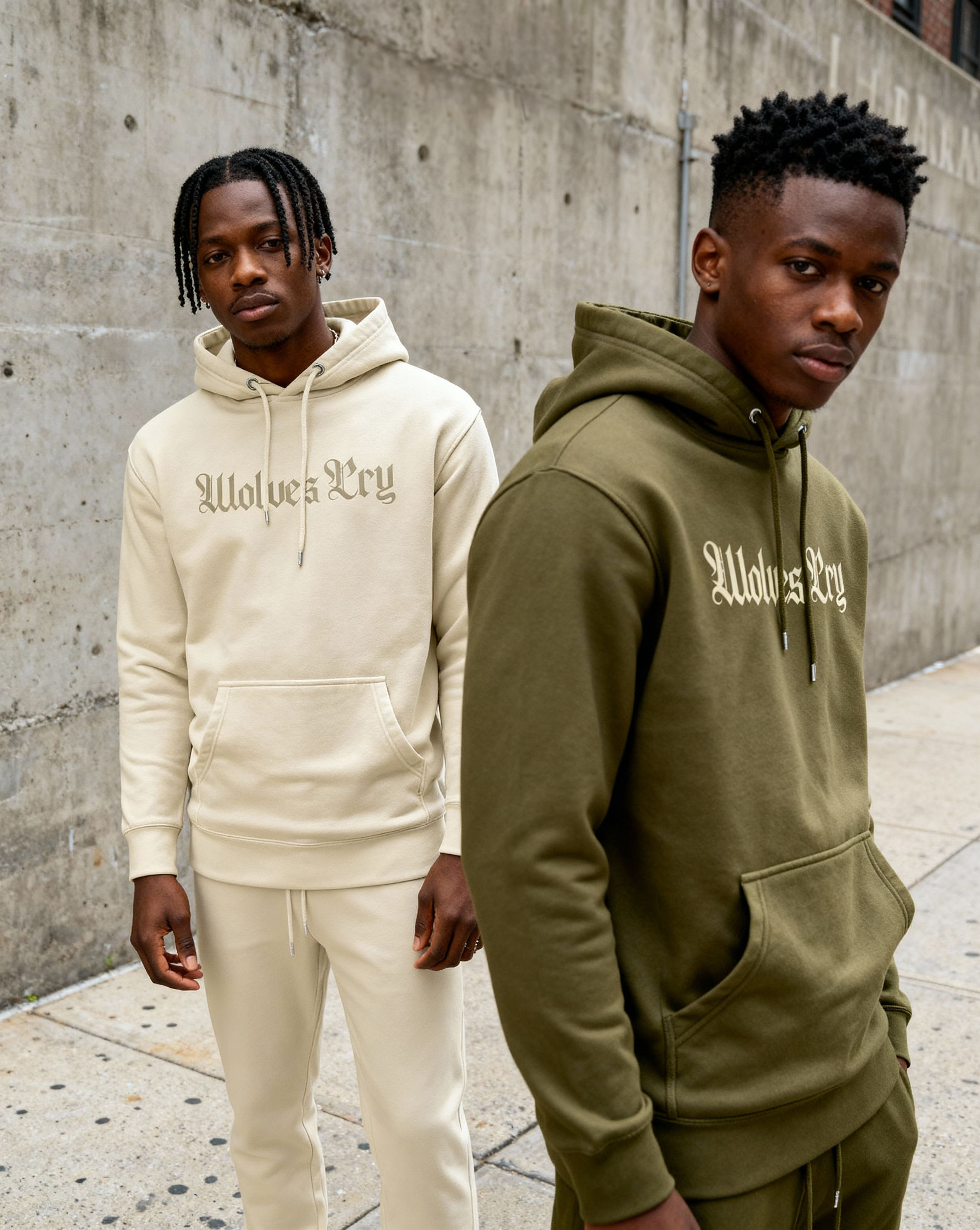 Two models wearing wolves cry originals hoodies in beige and olive green, photographed outdoors against a concrete wall- minimalist streetwear inspired by movement and unity