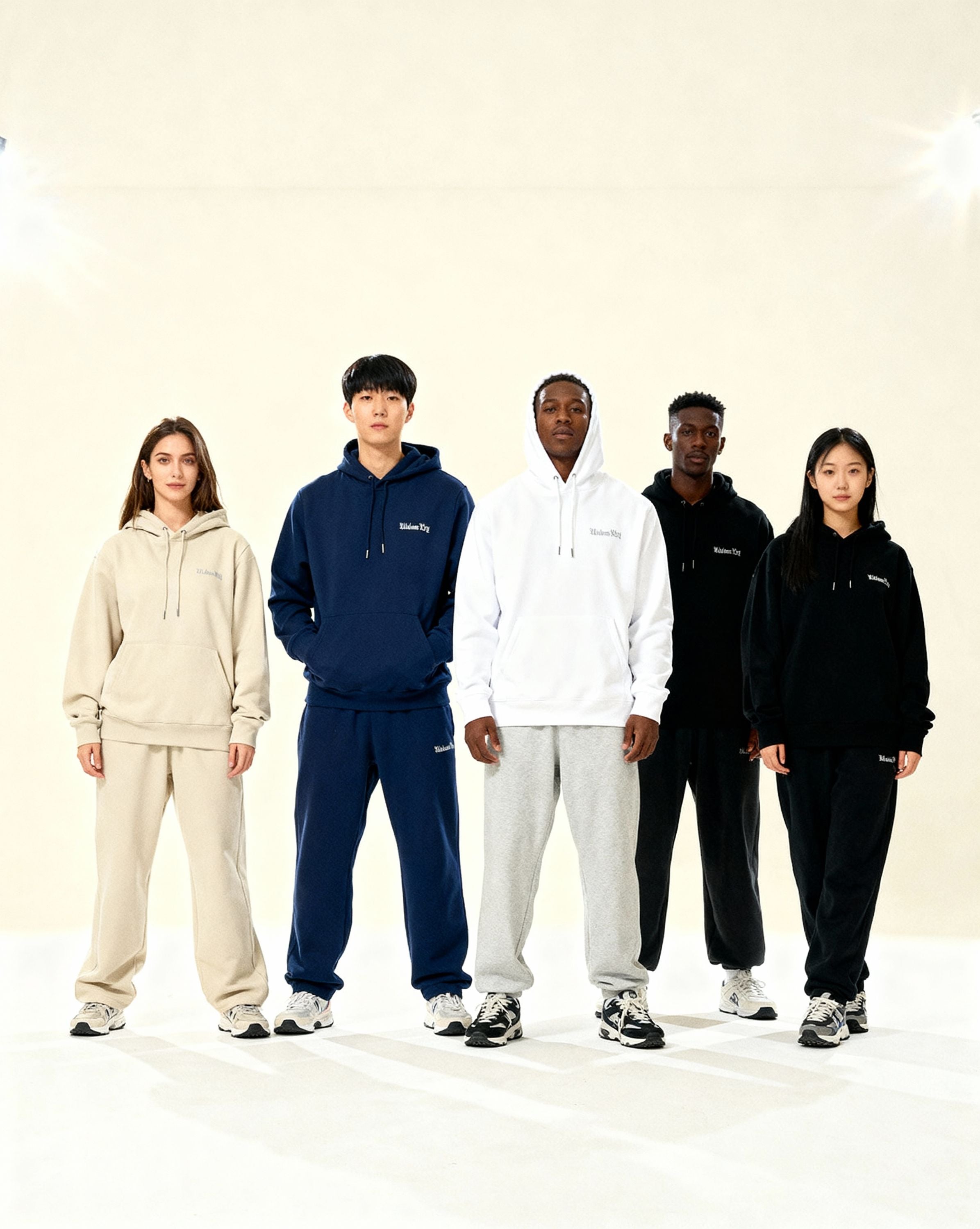 Five models wearing wolves cry originals organic hoodies and tracksuits on a white background- represent the pack and community