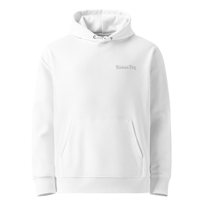 Wolves Cry Originals Classic White Hoodie made from 100% organic cotton featuring a minimalist embroidered logo, designed for streetwear and urban fashion enthusiasts. Perfect for versatile, everyday wear.