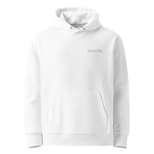 Wolves Cry Originals Classic White Hoodie made from 100% organic cotton featuring a minimalist embroidered logo, designed for streetwear and urban fashion enthusiasts. Perfect for versatile, everyday wear.